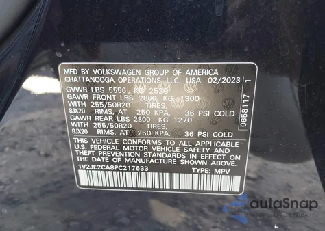 2023 Volkswagen Atlas Cross Sport 3.6L V6 Se W/Technology z USA, uszkodzony, nr VIN 1V2JE2CA8PC217633